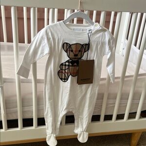 Burberry White Footie with Plaid Bear